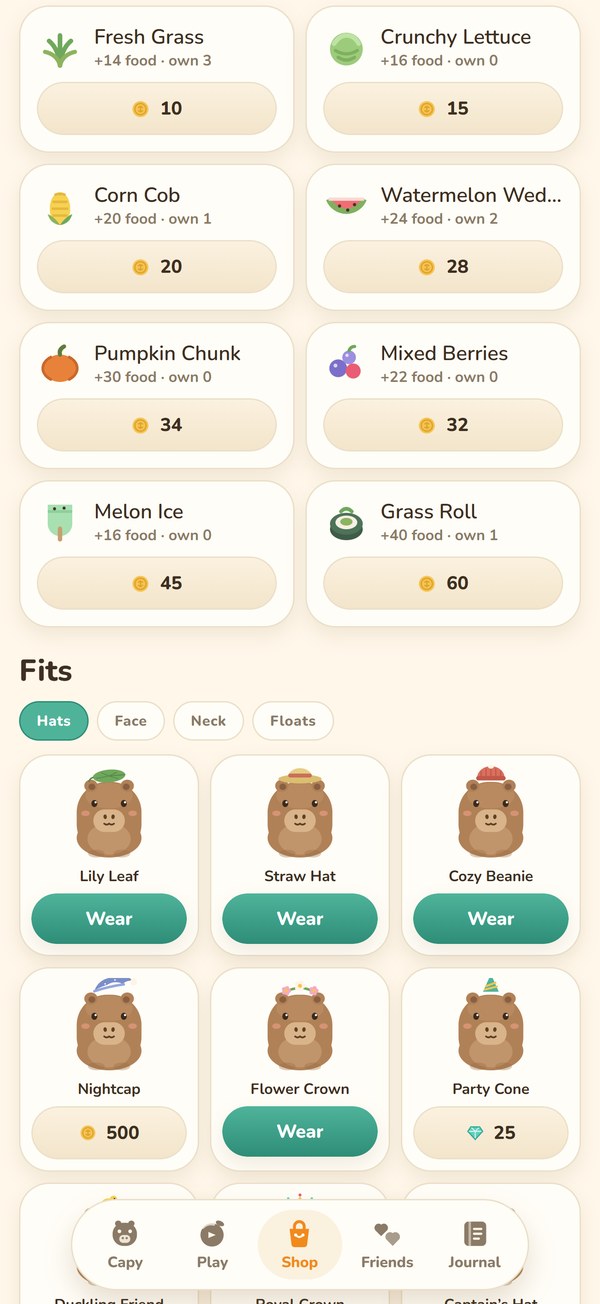 The shop: a snack grid, then Fits — Lily Leaf, Straw Hat, Cozy Beanie, Nightcap, Flower Crown, Party Cone, each previewed on the capybara
