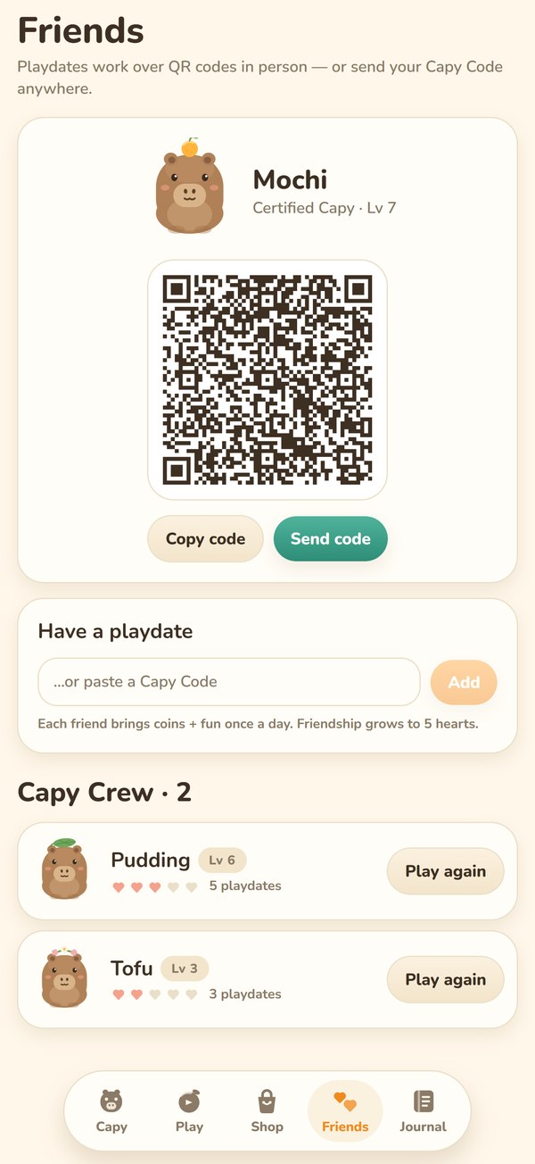 The Friends tab: Mochi's QR code, a paste-a-Capy-Code field, and the Capy Crew list with Pudding and Tofu