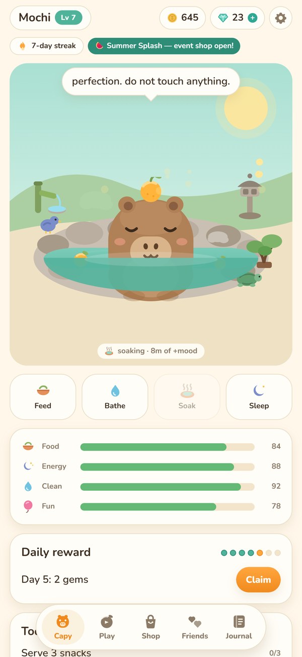 The habitat: Mochi soaking in the onsen at midday, a bird and a turtle nearby, four stat bars and a daily reward below